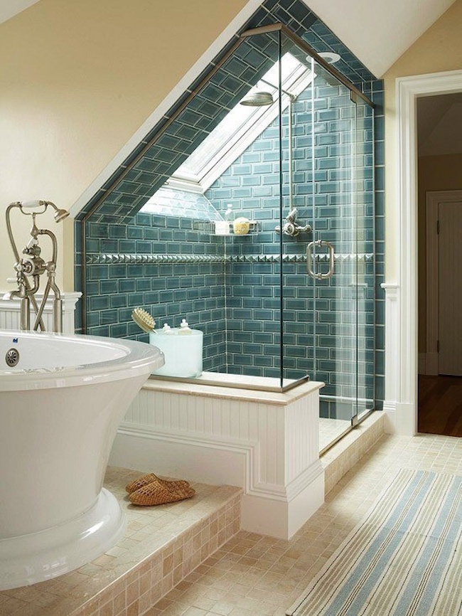 Huge shower that takes advantage of an attic window