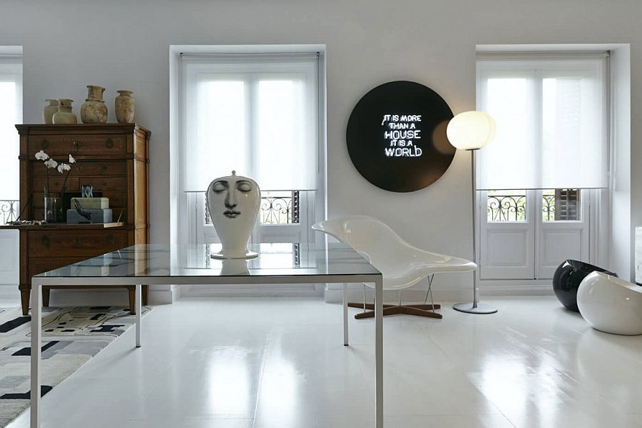 Illuminated sign on the wall and traditional wooden desk