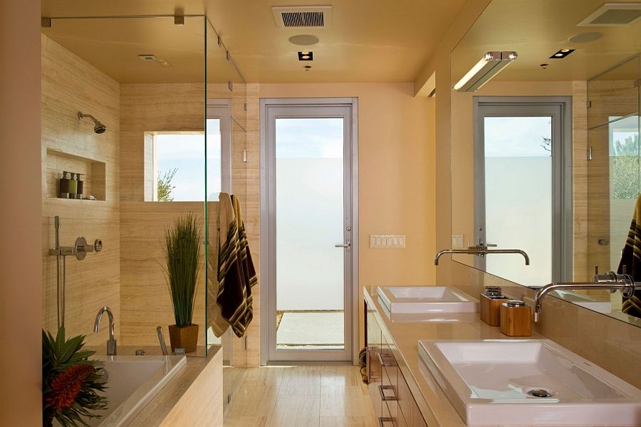 Ivory vain-cut Turkish travertine floors inside the bathroom