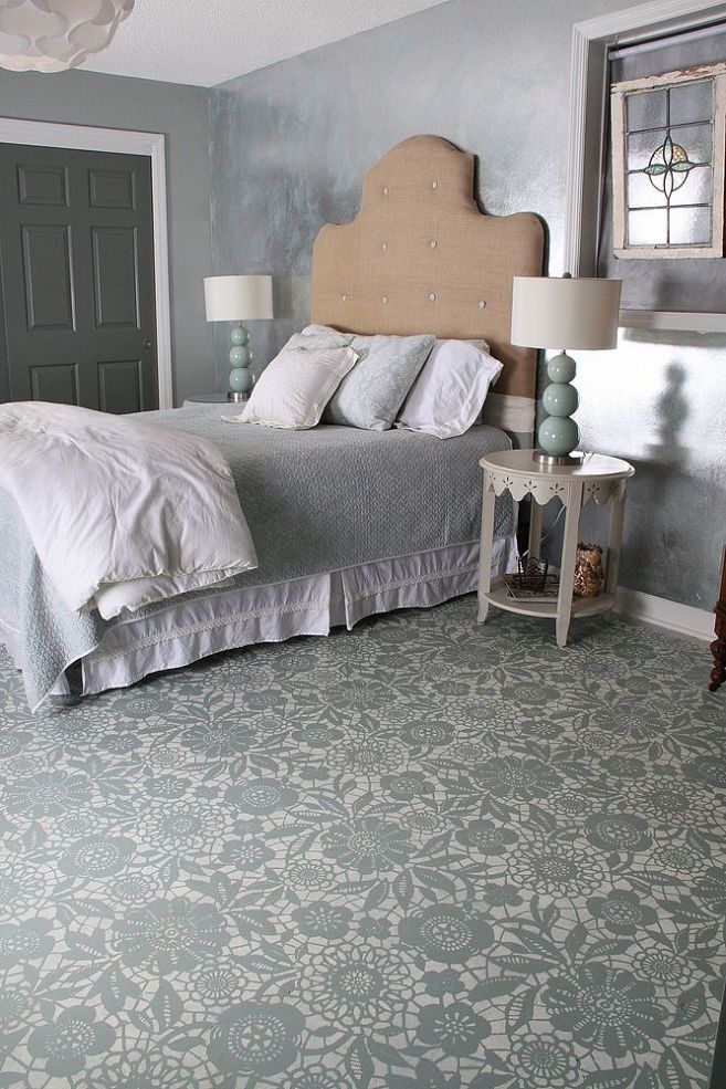 Lace stenciled floors in bedroom
