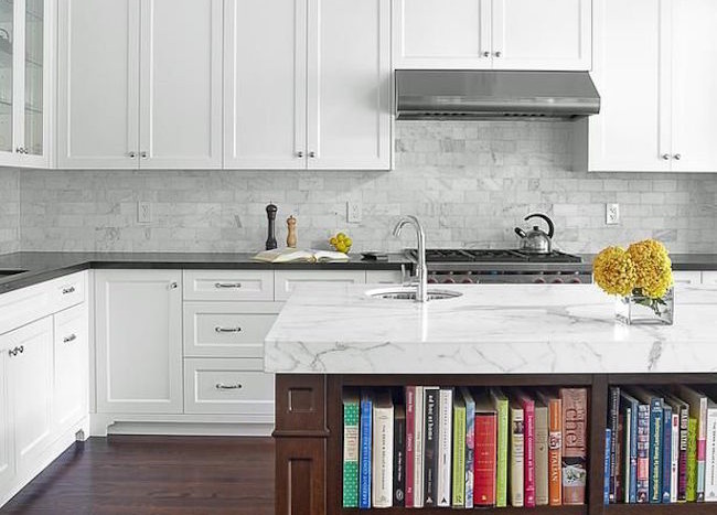 15 Unique Kitchen Ideas For Storing Cookbooks Decoist   Library Style Bookshelves Built Into Kitchen Island 650x467 