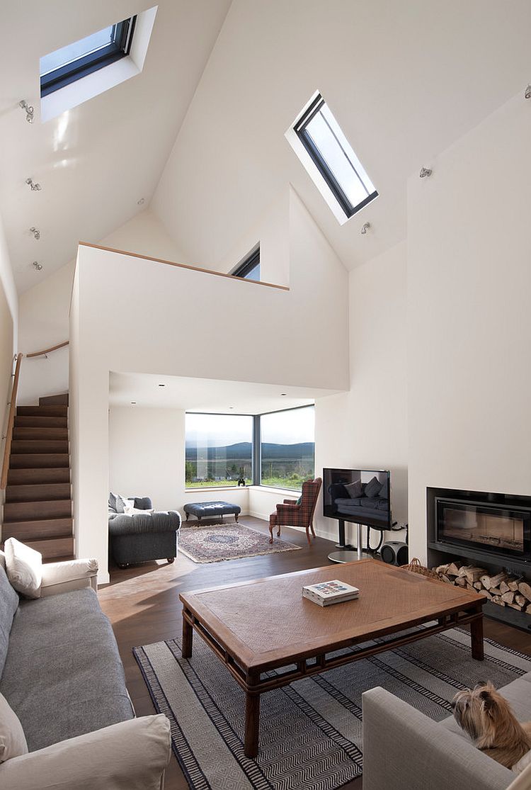 Living room with a gabled roof