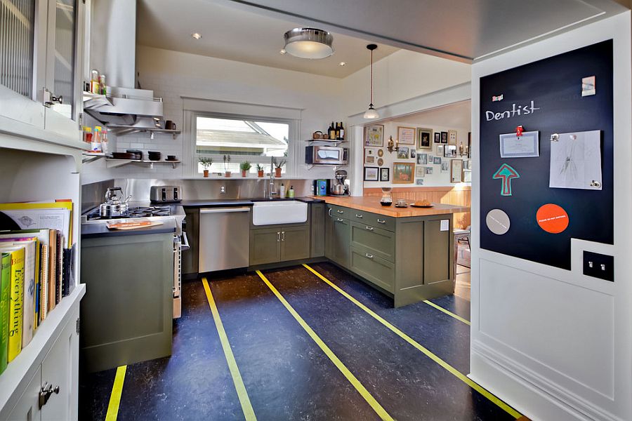 Marmoleum Linoleum Flooring by Forbo adds stripes to the kitchen