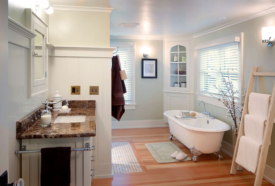 Medicine cabinet in the corner of the transitional bathroom [Design: Copperline Homes]