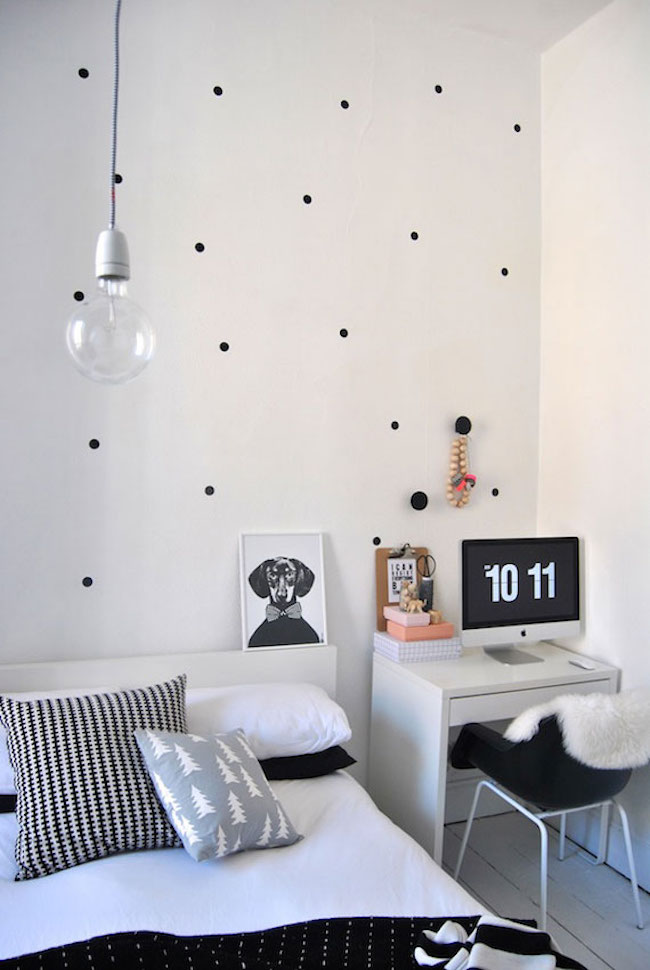 Minimal black polka dot wall decals in bedroom