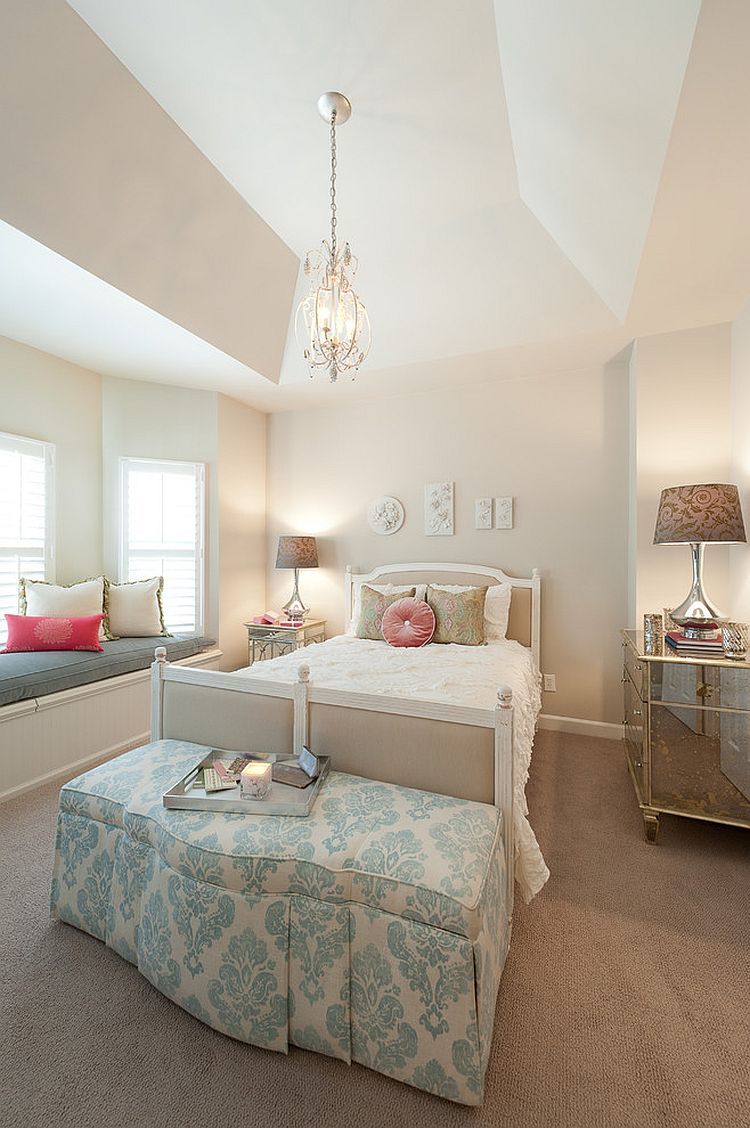 Mirrored bedside tables for the uniquely shaped bedroom [Design: Heather ODonovan Interior Design]