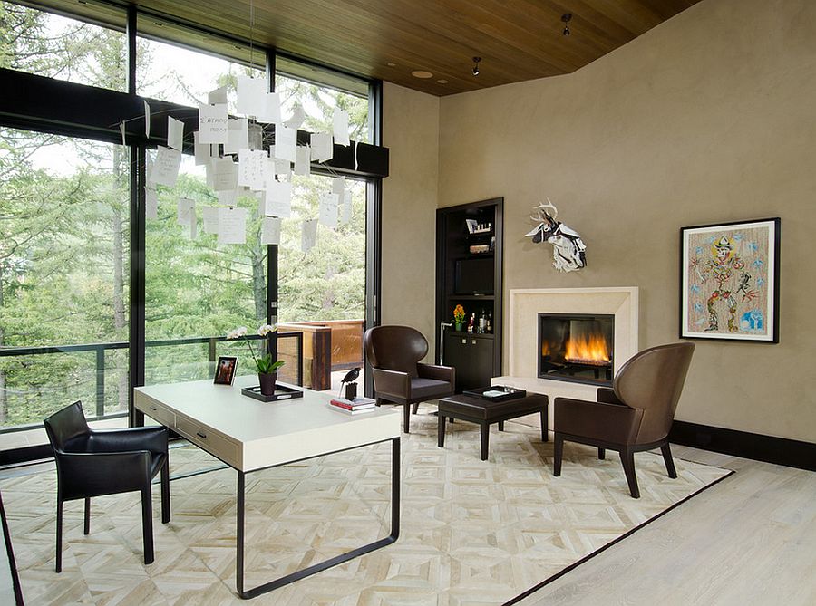 Modern home office with unique pendant light and ample natural ventilation