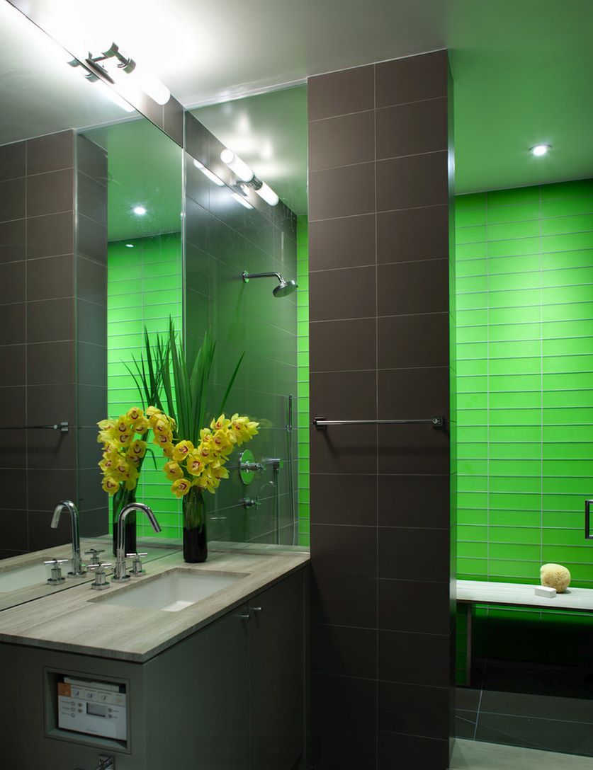 Modern shower with bright green tile