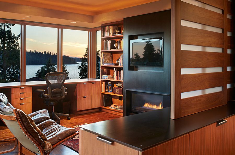 Montigo firebox with a custom surround in the gorgeous home office with lake view [Design: Sundberg Kennedy Ly-Au Young Architects]