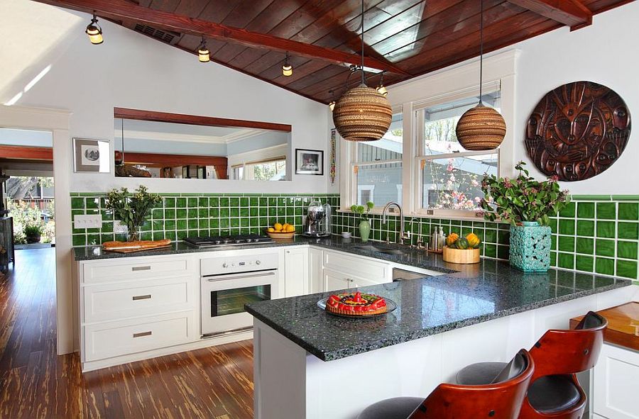 Natural materials like recycled beer bottle kitchen countertop used in the kitchen renovation