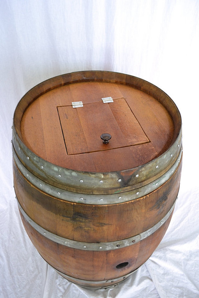 Old wine barrel turned into a trash can
