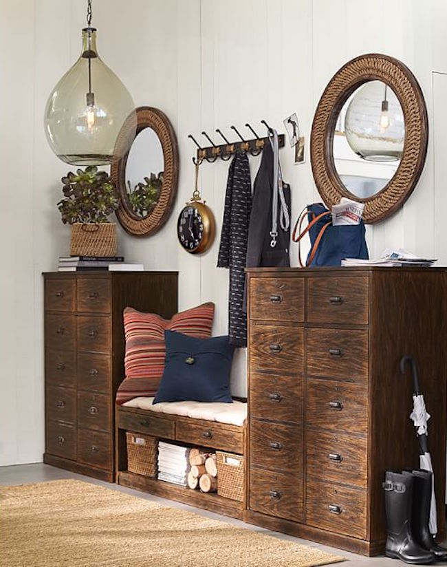 Orinda bench with oak finish paired with cabinets