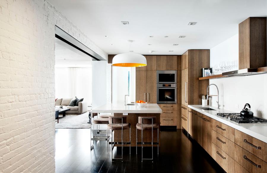 Painted brick wall in a modern kitchen