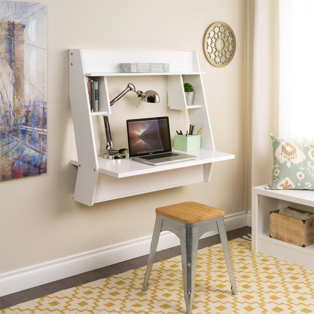 Prepac Studio Floating Desk in White with Yellow Pattern Rug