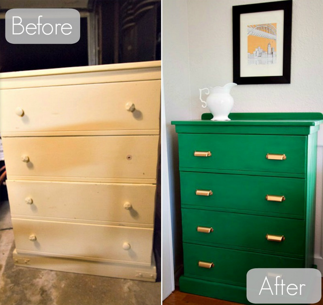 Giving an old dresser new life with glossy green sheen!