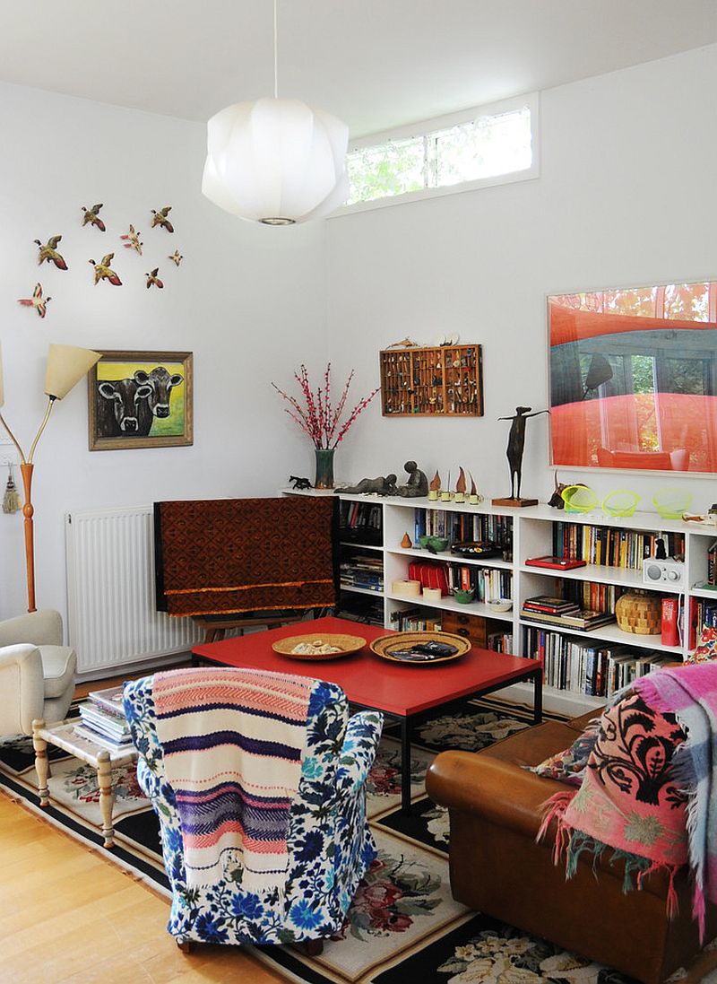 Repurposed desk turned into a custom coffee table in the small living room [Design: Luci.D Interiors]