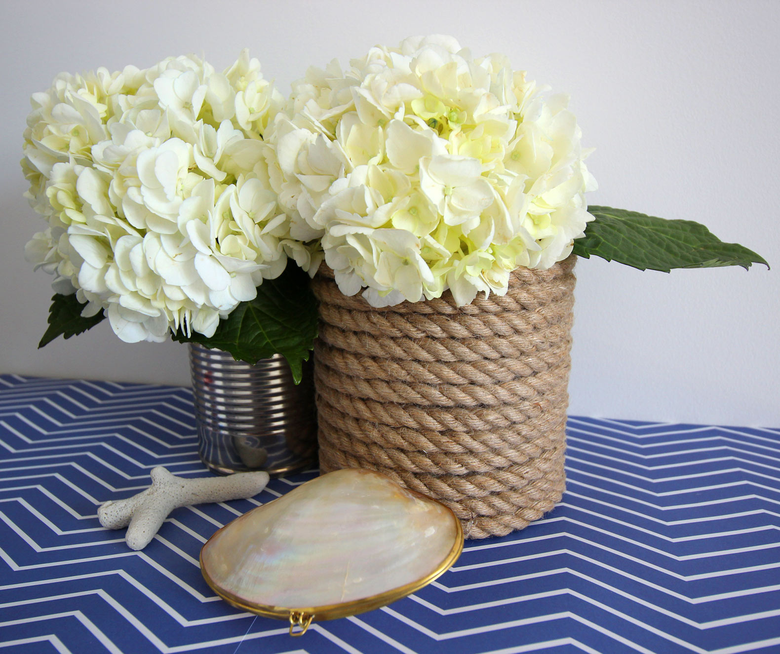Rope Wrapped Vases DIY on Top of Blue Chevron