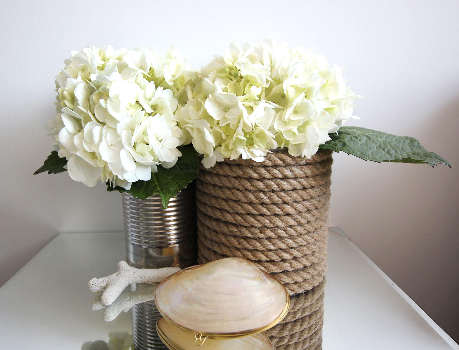 Rope Wrapped Vases DIY with White Hydrangeas