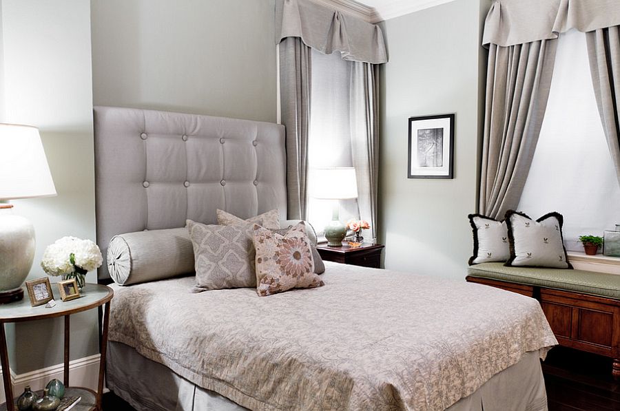 Round and square bedside table for the chic, feminine bedroom [Design: Shannon M. Leddy Interior Design]