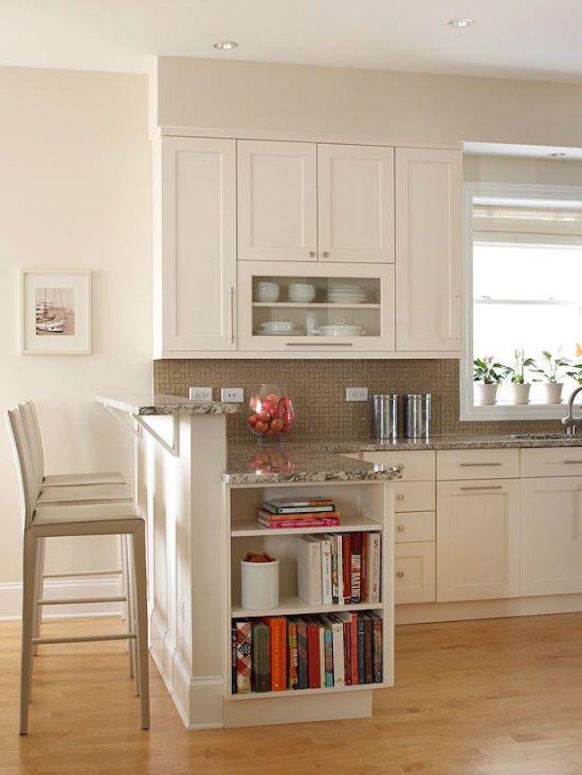 Shelves at the end of the kitchen counter