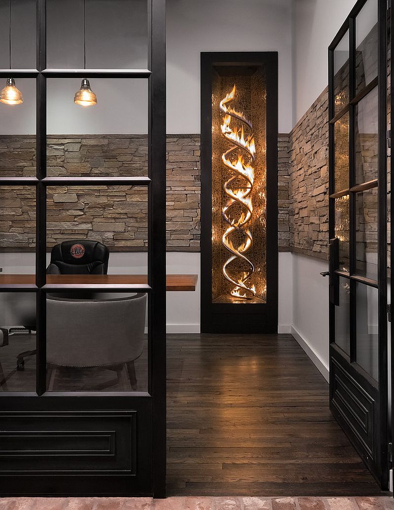 Sizzling propane-fuelled fireplace for the industrial home office [Design: DAYSTAR DESIGN LAB]