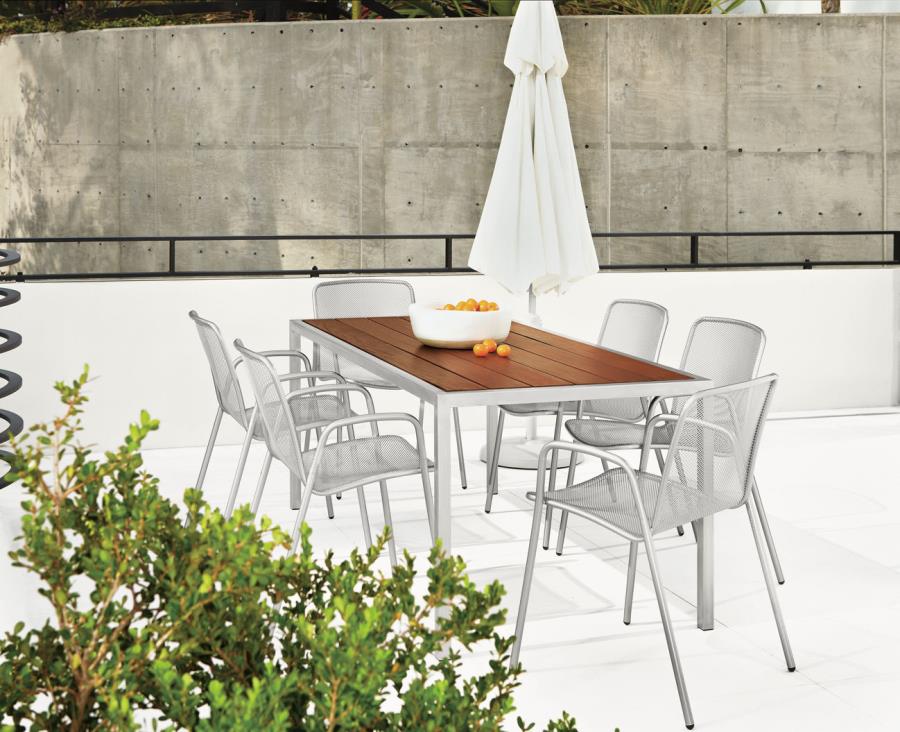 Slatted table and metal chairs from Room & Board