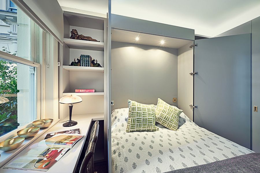 Small home office transformed into a cool guest room [Design: Sarah Fortescue Designs]