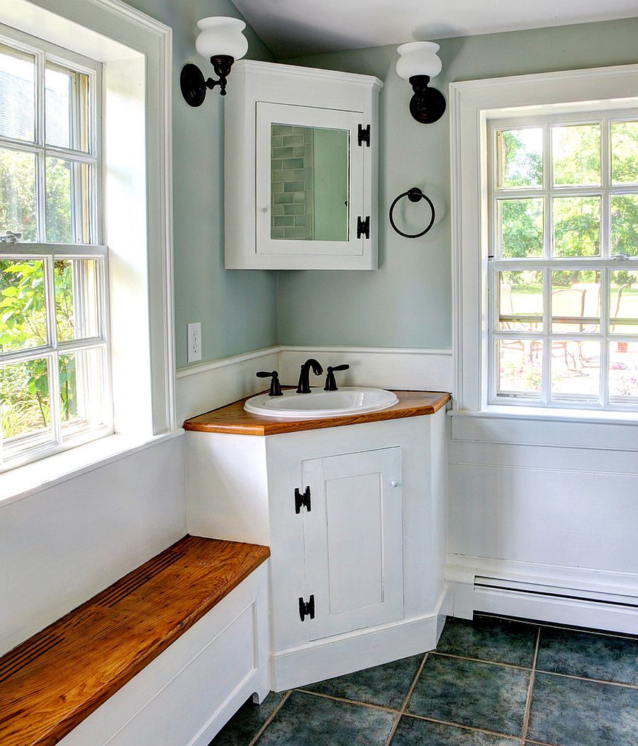 Small rustic bathroom with corner vanity [Design: CK-Architects]