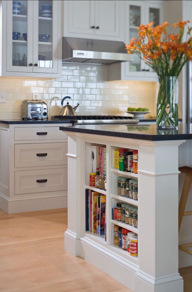 Small Shelves Built Into Kitchen Island For Books And Accessories 