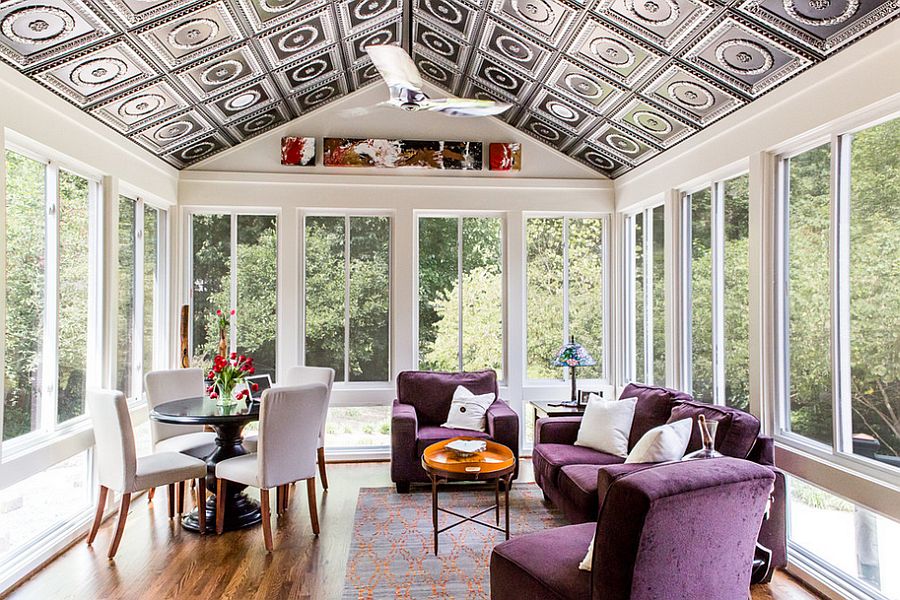 Snazzy ceiling for the contemporary sunroom and decor in purple [Design: Marta Mitchell Interior Design]