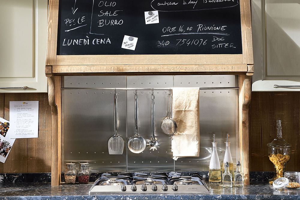 Steel backsplash for the vintage kitchen with hanging space for utensils and laddles