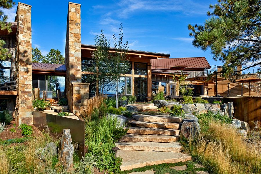 Stone pathway and wooden exterior of the fabulous Eberl Residence