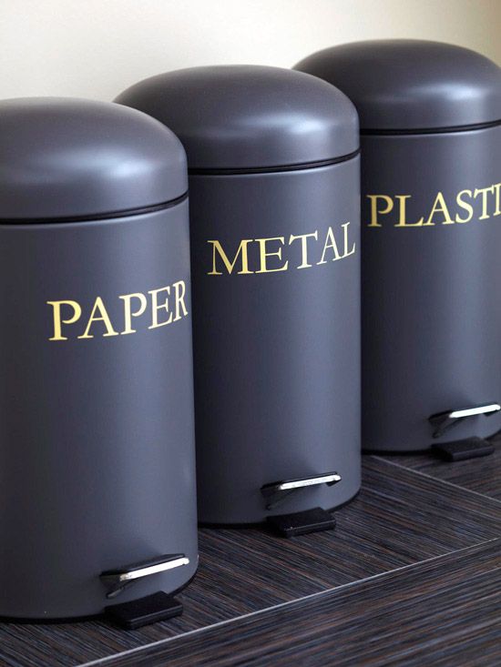 Stylish labeled cans for trash and recycling