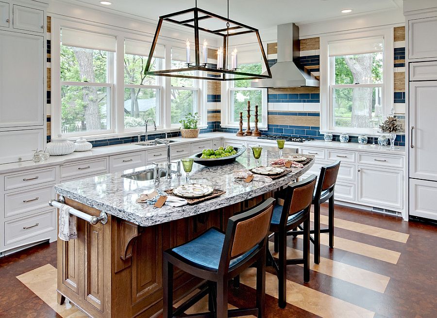 Subtle way to adds stripes to the kitchen with colorful tiles [Design: Karen Soojian]