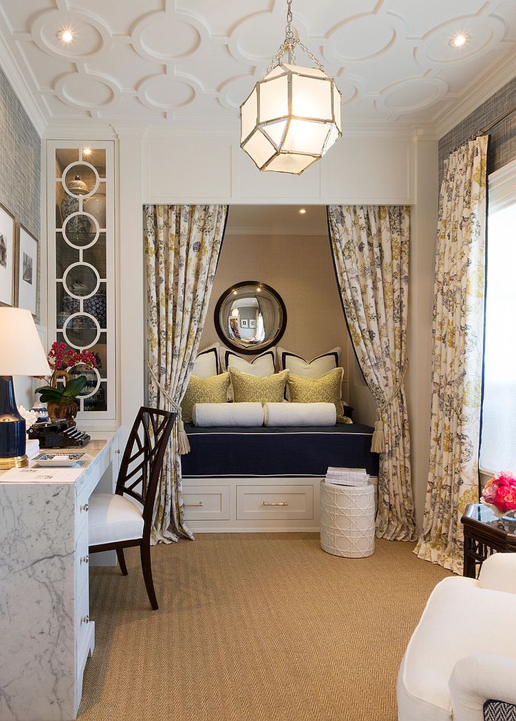 Traditional home office turned into a gorgeous guestroom [Design: Robert Frank / Carolyn Reyes Photography]