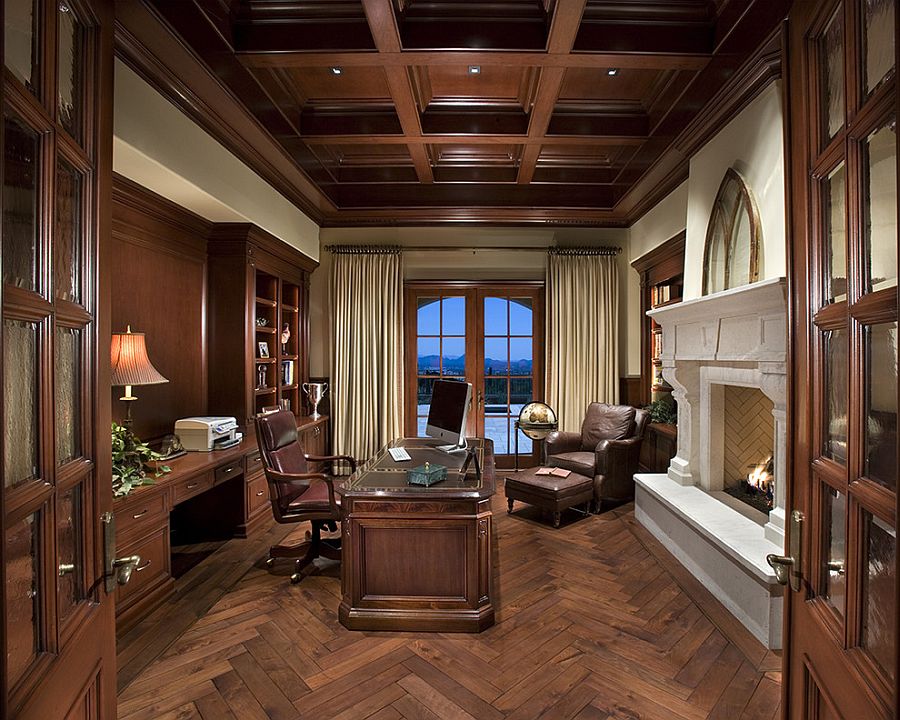 Traditional home office with coffered ceiling and a lovely fireplace [Design: PHX Architecture]
