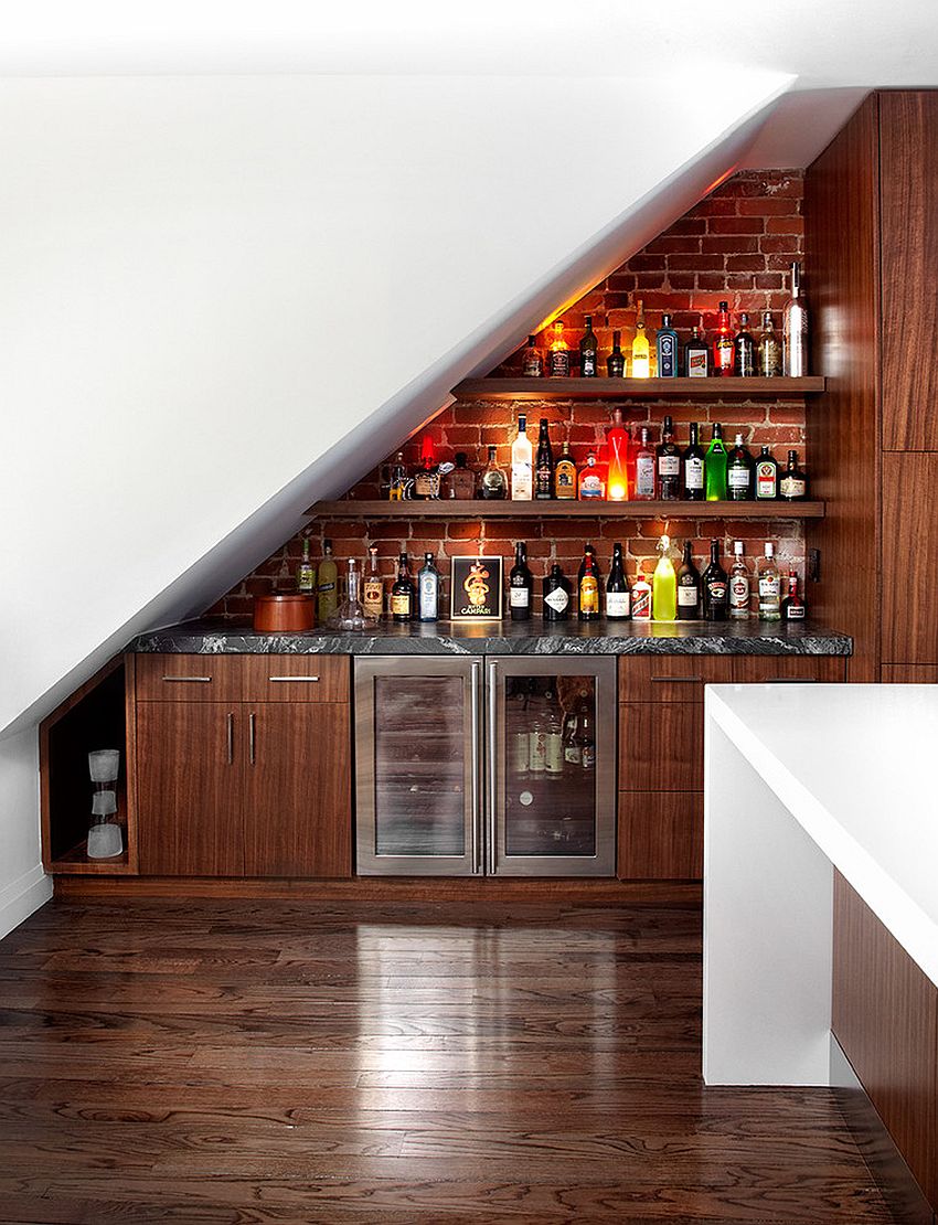 Transform the space under the stairs into a contemporary home bar [Design: Palmerston Design Consultants]