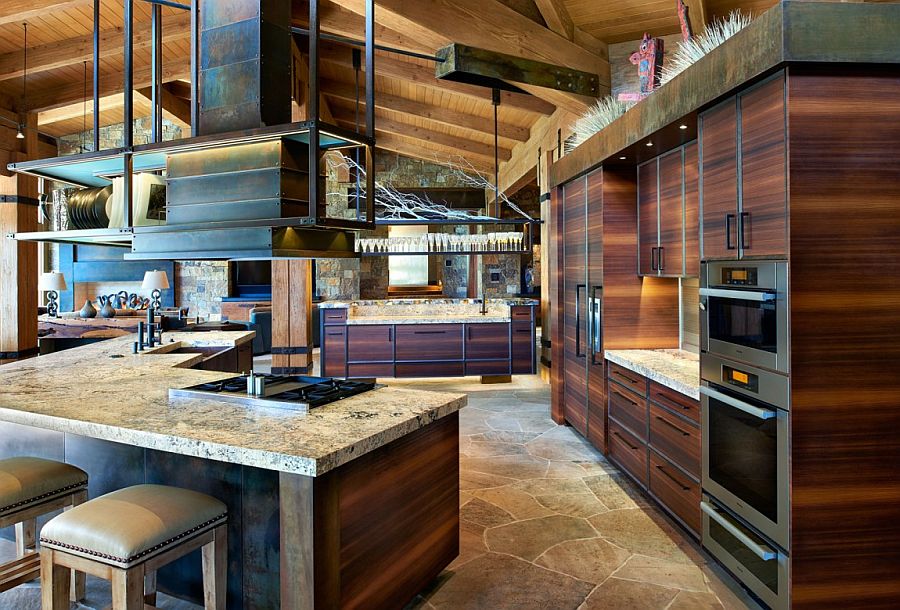 V-shaped kitchen island with wooden cabinets