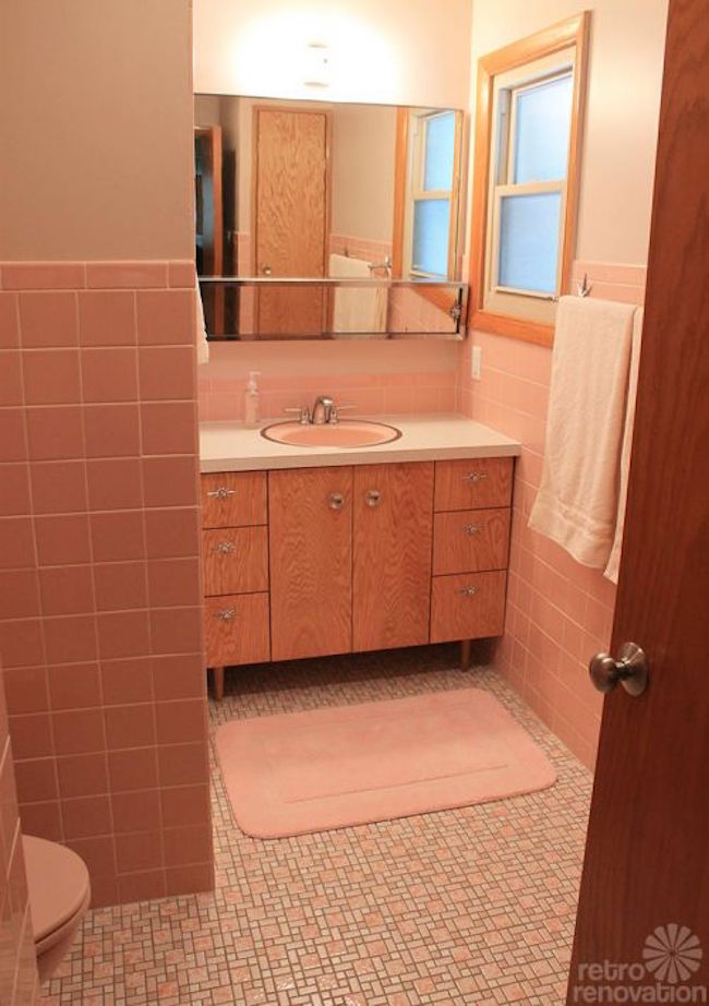 Very pink retro bathroom vanity