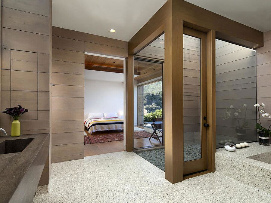 View of the bedroom from the spa-styled bathroom