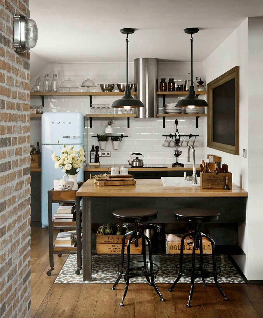Vintage refrigerator and a tiled backsplash bring classic elements to the modern kitchen