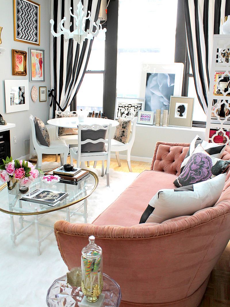 Vintage sofa in pink and drapes in black and white for the eclectic space [Design: Nichole Loiacono Design]