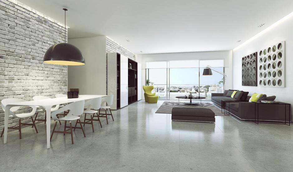 White brick wall in a modern living and dining area