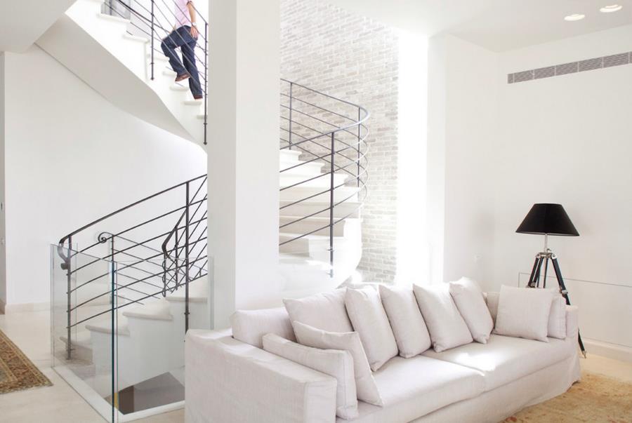 White brick wall in a modern stairwell