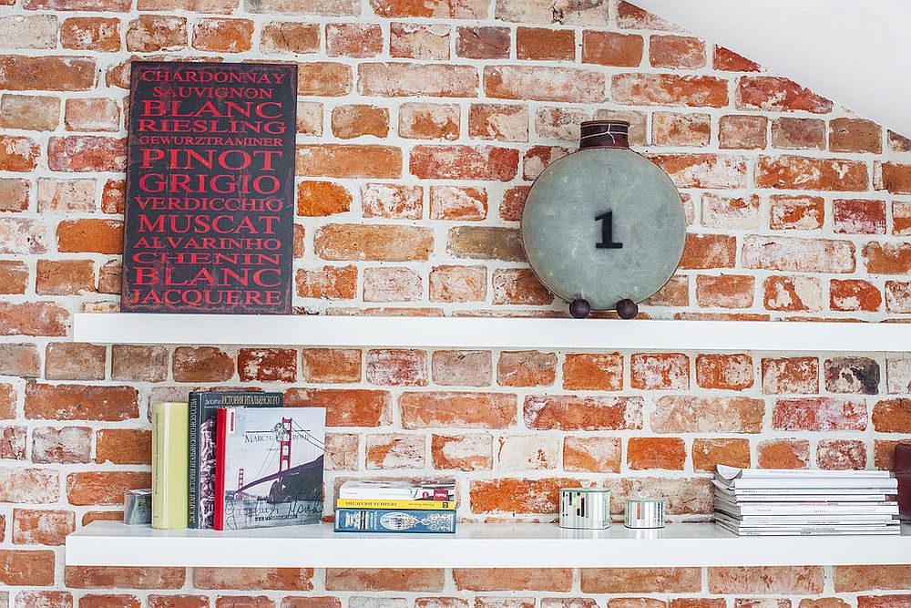 White floating shelves for the brick wall