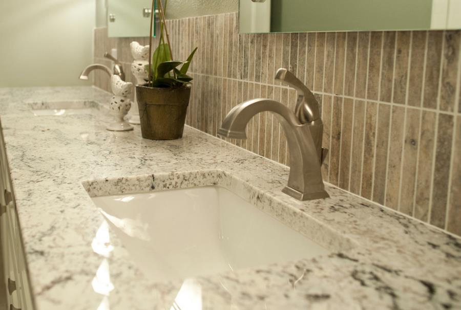 White ice granite in the powder room