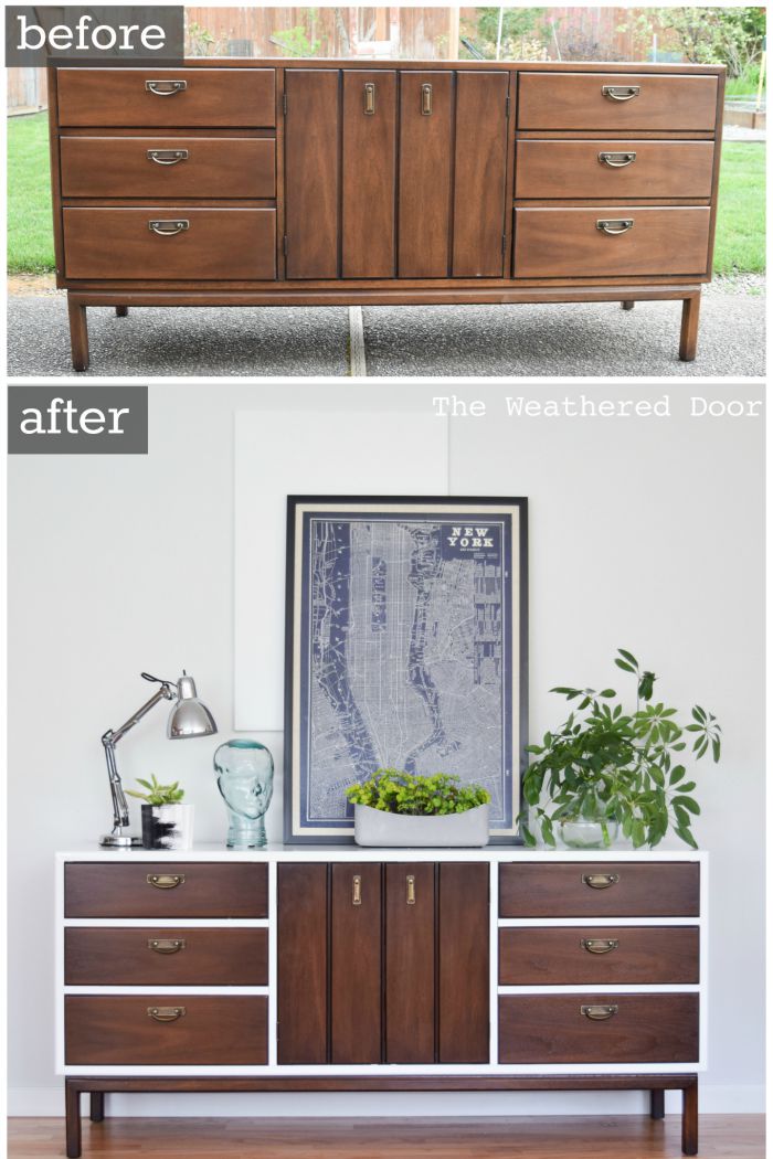 Restored high gloss credenza with geometric drawers