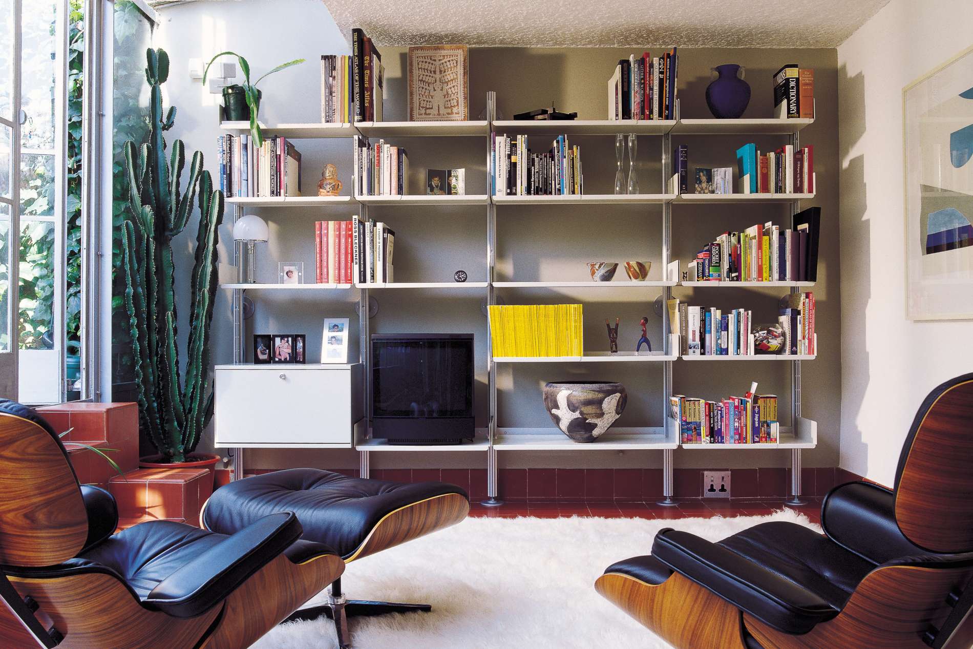 large modular shelving system in living room