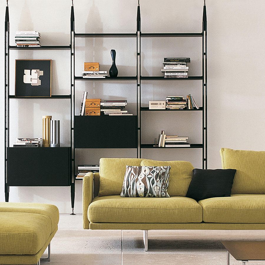 green couch in front of 935 Infinito modular shelving