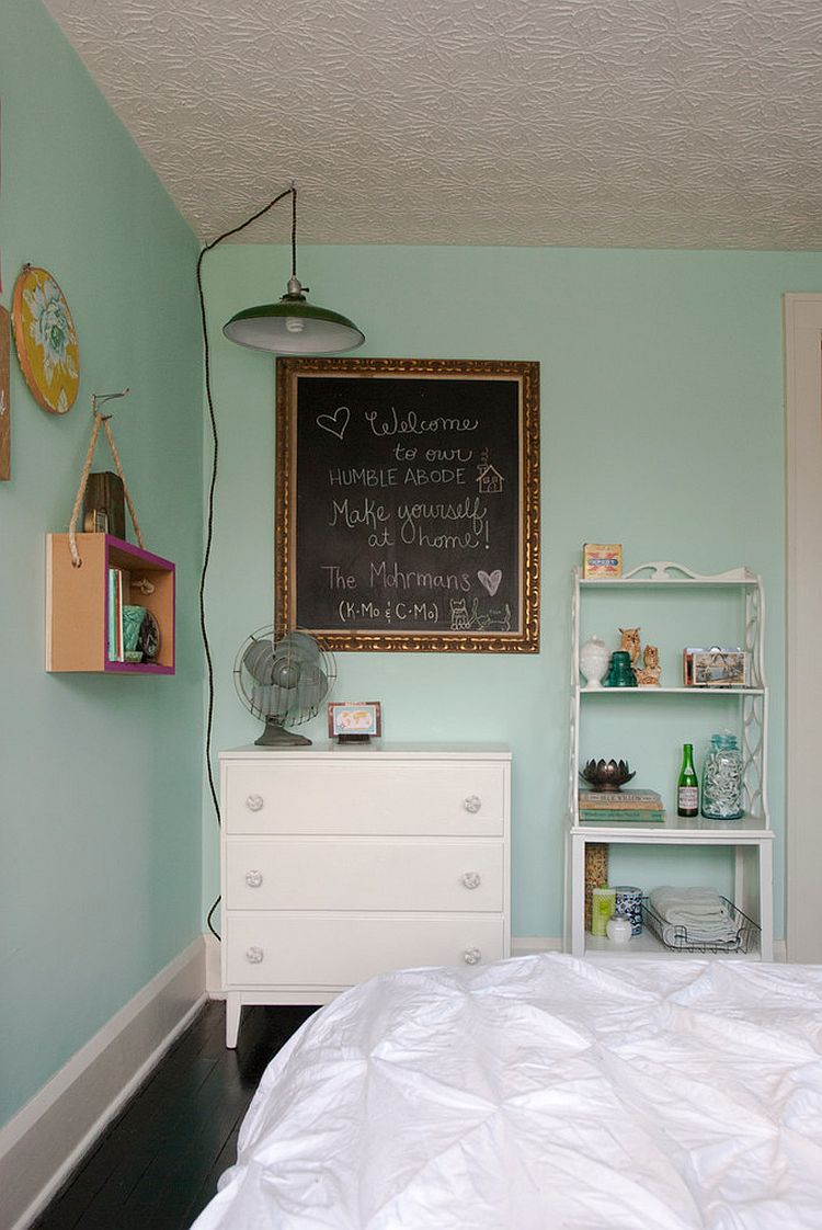 A simple chalk board with message can make a big impact in the inviting bedroom [From: Adrienne DeRosa Photography]